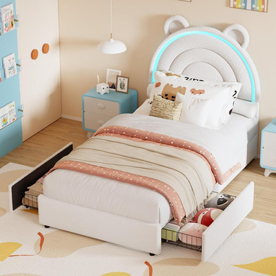 Twin Bed Frame with LED Light & Bear Headboard, 2 Drawers, White