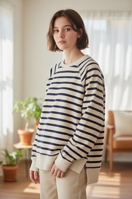 NEW Women s Large Aerie (American Eagle) Oversized Crew Sweatshirt Navy/Ivory