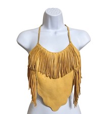 Vintage 80s Womens Fringed Leather Corset Halter Top XS/S Yellow Boho Festival