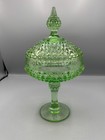 Vintage Indiana glass diamond point green pedestal dish