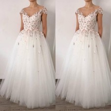 Off Shoulder Wedding Dresses 3D Floral Lace Ballgowns V‑Neck Tulle Bridal Gowns