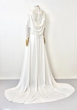 1970s White Lace Pearl Beaded Wedding Bridal Gown Dress with Train
