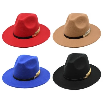 Elegante sombrero Fedora de fieltro de ala ancha plana para hombre y mujer con decoración de espina de pescado dorada - Imagen 1 de 4