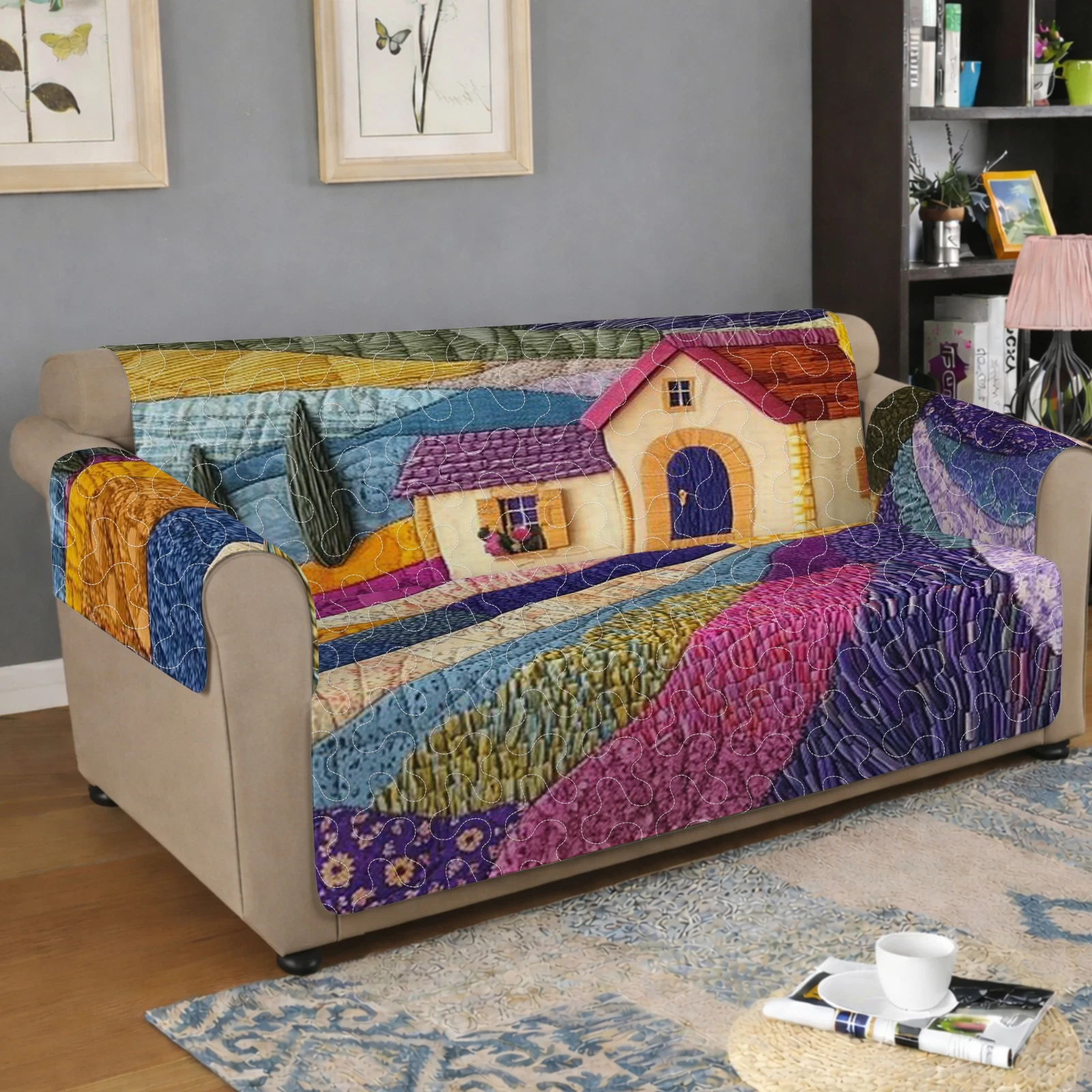 Tuscan Landscape Quilted Sofa Cover, Flower Meadow Sofa Slipcover