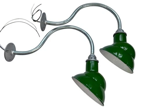 PAIR Goodrich 8" Gooseneck Green Porcelain Pole Sign Light Gas Station Vintage A
