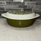 VTG~Pyrex Oval Casserole Dish Verde 2.5 QT. w/Lid Oven Safe Olive Green~USA~045