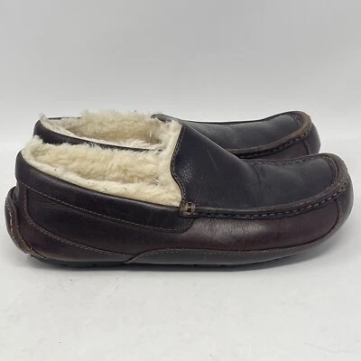 UGG Ascot Slippers Mens 8 Brown Leather Sheepskin Slip On Fur Lined Moccasins - Image 1 of 4
