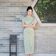 Chinese Traditional Qipao Dress Womens Summer Linen Cheongsam Evening Party Gown