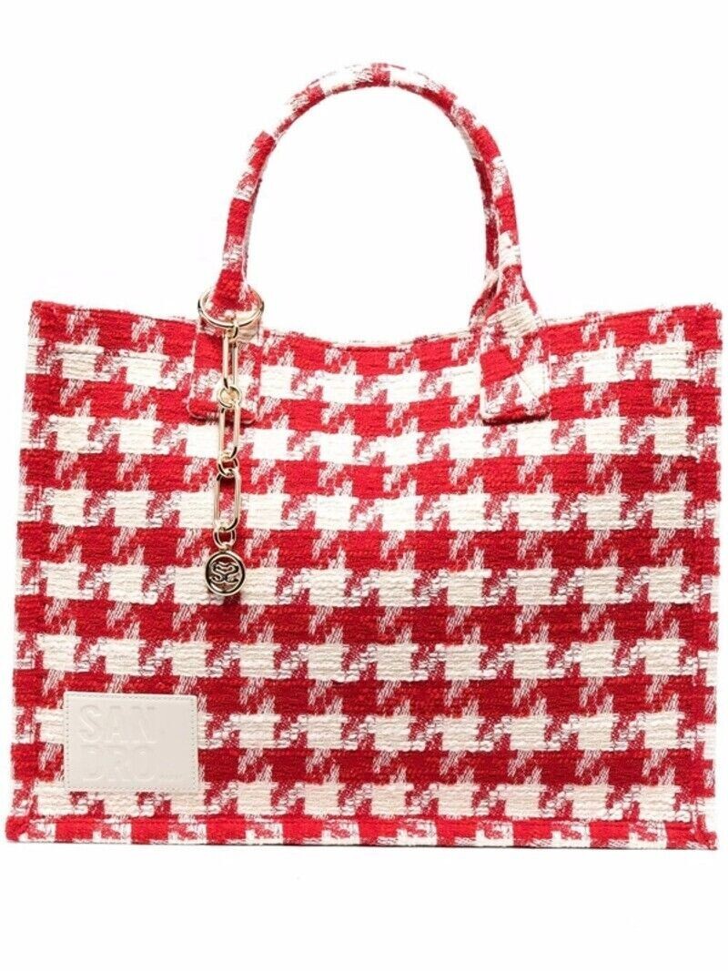 Sandro Houndstooth Print Tweed Tote Bag New With Tags Red