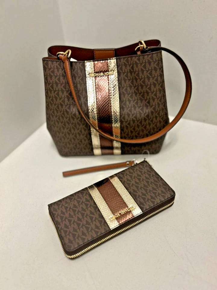Michael Kors Pratt Mediano Bolso de Hombro Bolso de Mano + Cartera Larga Muñequera Marrón Foto 4 de 4