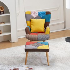 Comfy Patchwork Arm Chair & Footstool Single Sofa  Lounge Chair High Back Large