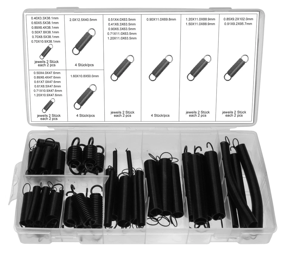 Zugfedern Sortiment Spiral-Federn Stahlfeder Metall-Federn div. Stärke, 54-tlg.