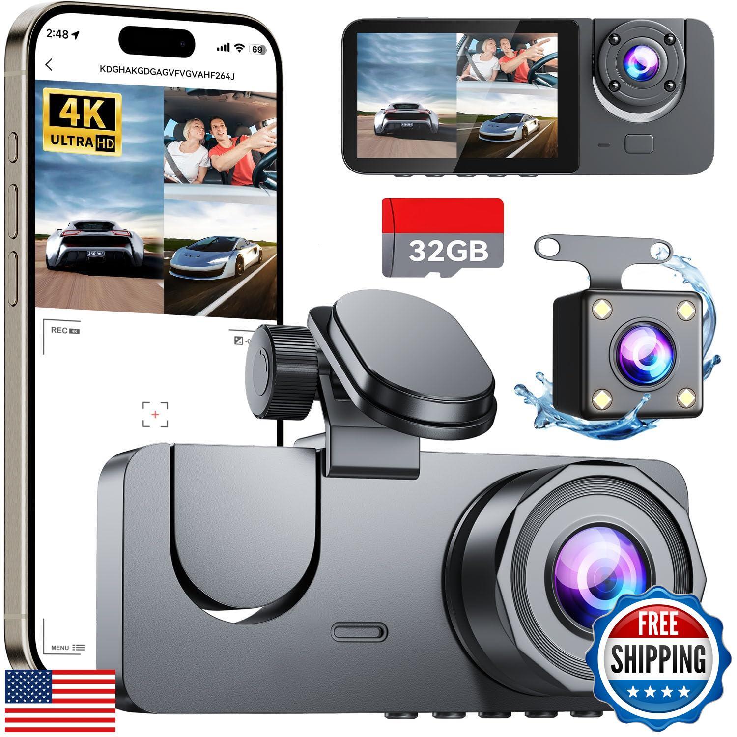 4K Full HD Front Rear Interior Three Channel Car Dash Cam for Vehicles and Freight-image