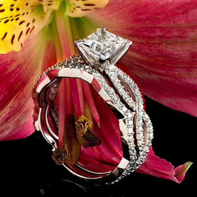 1Ct Princess Cut Simulate Diamond Ring 14K White Gold Over Matching Band RingSet