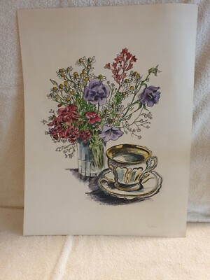 Stilleben von Vera Joho - Blumen an Kaffeetasse - ungerahmt