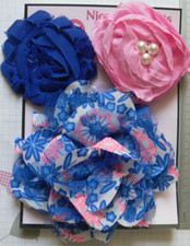 Turquoise & Dark BLUE & PINK Organza Fabric Lace 3 Pack Flowers 60-100mm G2 NJC