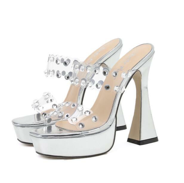 PANTOFOLA D’ORO Ciabatte donna strass trasparenti tacco a blocco sandali estivi sexy scarpe aperte