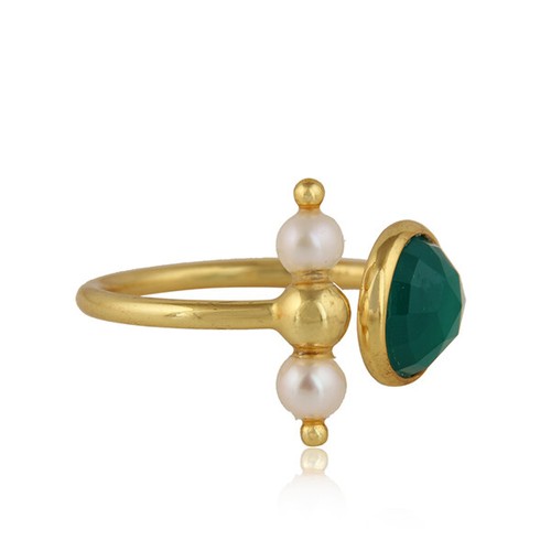 18k gold plated 925 silver adjustable pearl and green onyx ball loop rings - Picture 3 of 5