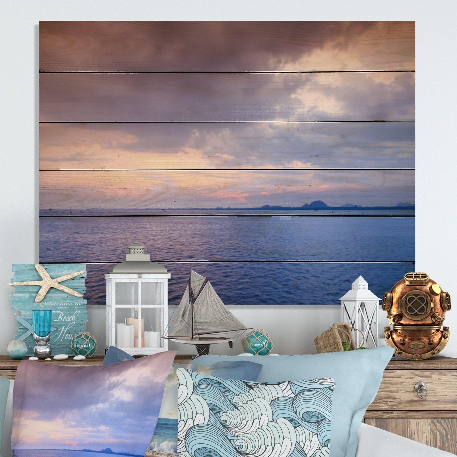 Designart 'Panoramic Cloud And Sky At Sunset V' Nautical & Coastal Wood Wall