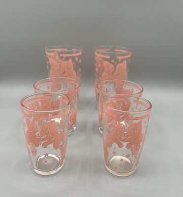 Vintage Hazel Atlas Pink Elephant Stars Barware Glasses Set of 6