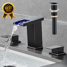 LED Waterfall Bathroom Faucet 3-Hole Oil Rubbed Bronze 8" Widespread 2 Handle