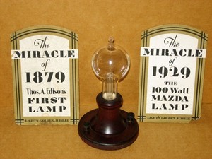 1929 50th ANNIVERSARY REPRODUCTION OF 1879 EDISON BULB-WITH ADV. CARDS-WORKING
