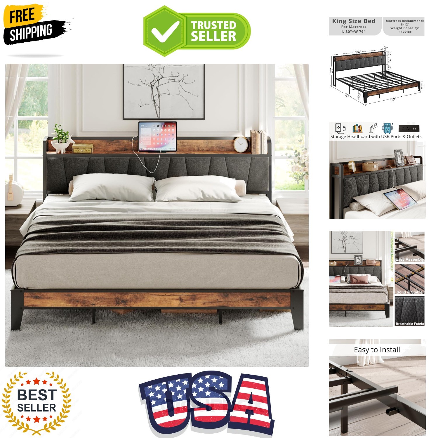 King Size Bed Frame, Storage Headboard with Charging Station, Solid and Stabl...