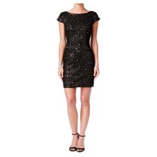 Adrianna Papell Black Cocktail Dress Sequined Short Cap Sleeve Sheath Size 10P