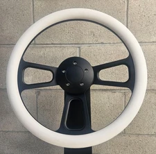 16 Inch Black Billet Semi Truck Steering Wheel White Vinyl Grip - 5 Hole