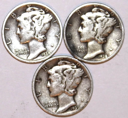 (3) Mercury Dimes - 1938P(Fine) 1938S(Fine) 1939)(Fine) - #2486AT FREE SHIPPING