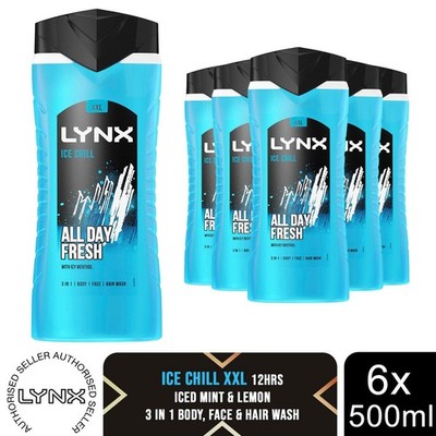 Lynx Ice Chill Herren Duschgel 500ml 6er Pack 12H Fresh 3in1 Körper Gesicht Haarwäsche