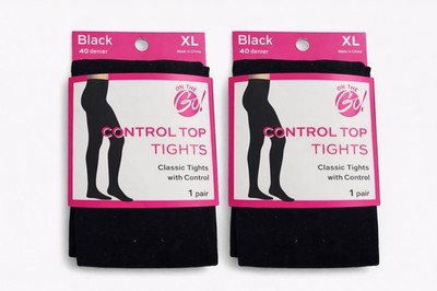     On The Go Opaque Control Top Footed Tights   Black (XL, 2-Pack, 40 Denier)