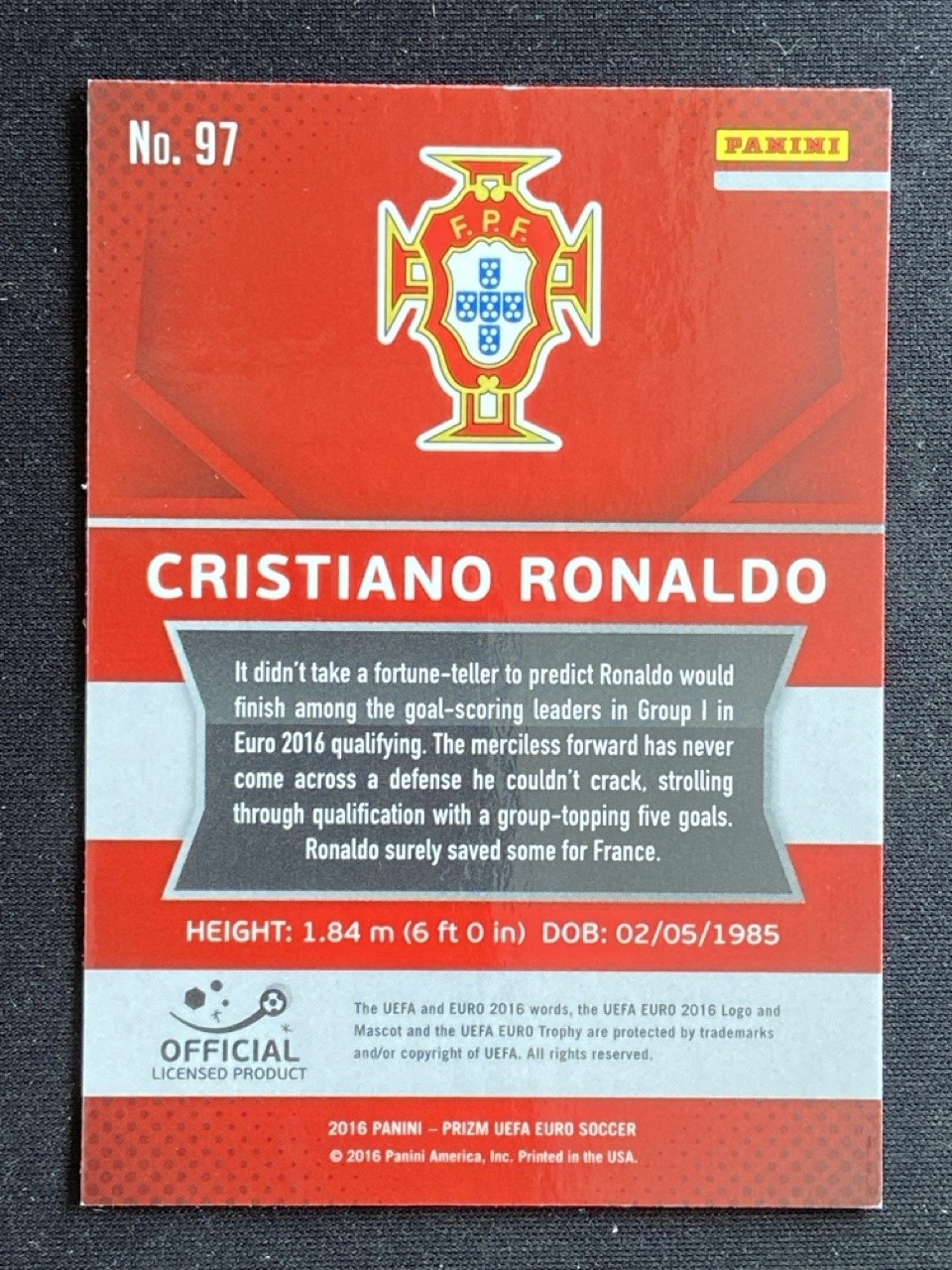 Cristiano Ronaldo 2016 Panini Prizm Uefa Euro Base #97 -d2 view 2