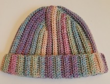 Beanie Hat Warm Ribbed Multicolor w/Cuff Converts To Slouch Hand Crochet One Sz