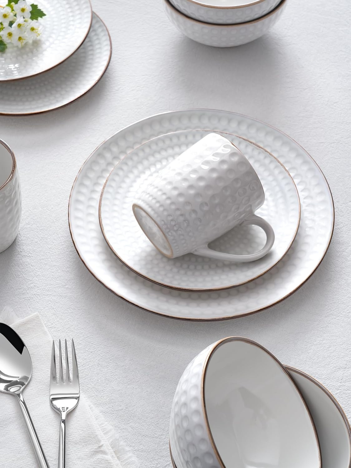 Luxury 18-Piece Eden Stoneware Dinnerware Set with Gold Trim, Chip Resistant
