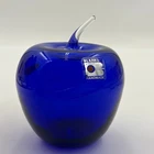 Blenko Glass Apple Paperweight Cobalt Blue/Clear Signed Handmade Teacher Gift
