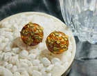 VTG Miriam Haskell Signed Faux Amber Lucite Round Clip Earrings Floral Motifs