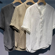 Mens Summer Linen Blend Casual Shirt Short Sleeve Loose Fit Beach Tops Plus Size