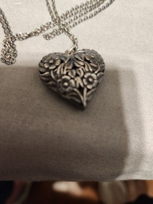 Vintage Halskette mit großem Herz und Blumen Sterlingsilber