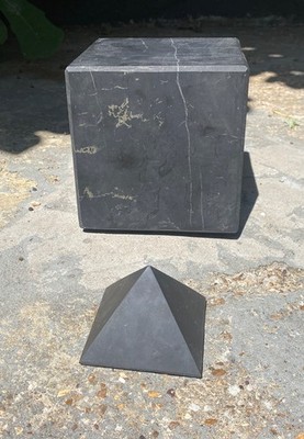 Large Black Shungite Crystal Cube (15cm) & Pyramid (8x6cm) for 4g/5g EMF shield