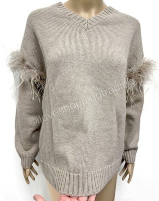 ZARA GREY-BROWN 100% WOOL OVERSIZED V-NECK RIBBED SWEATER JUMPER