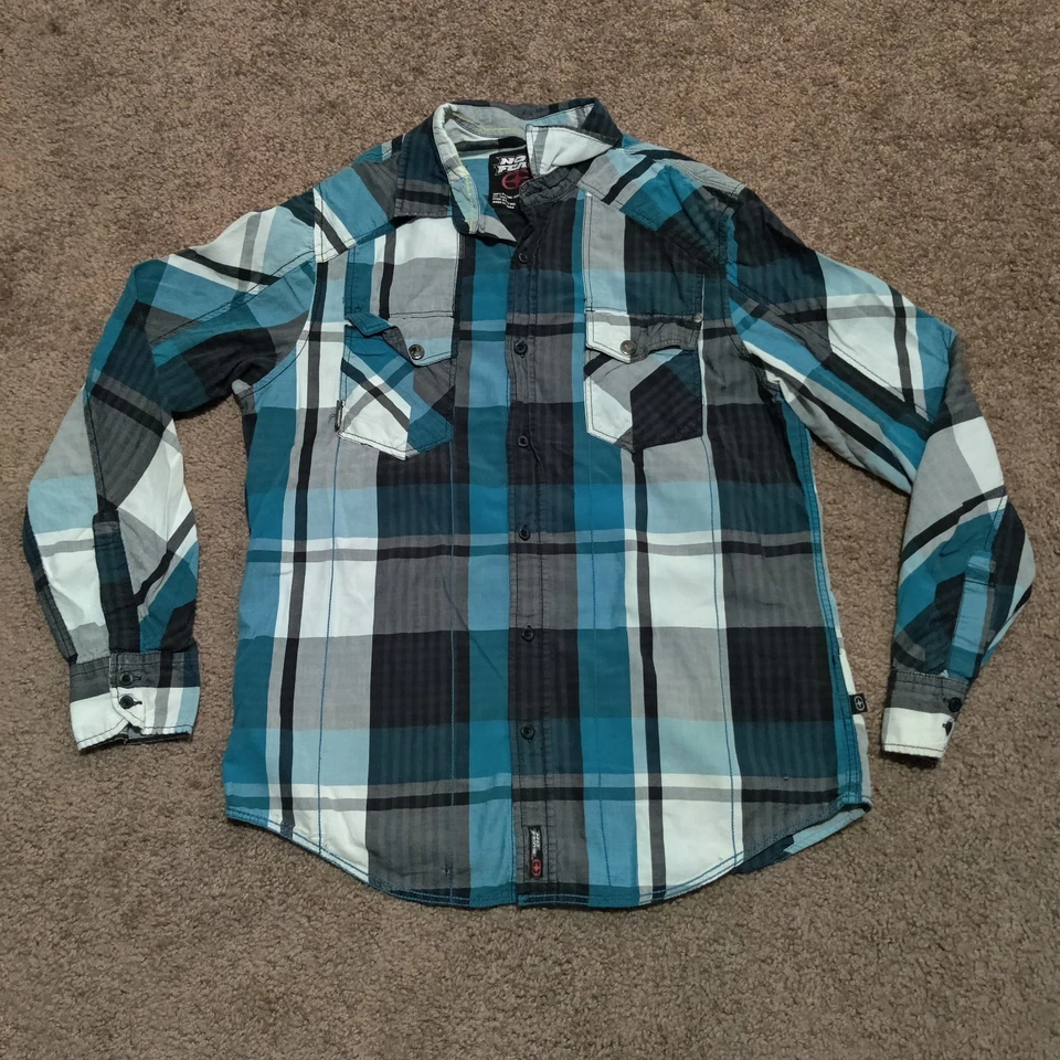 Vintage NO FEAR Cuadros Talla M Algodón Azul Gris Franela Manga Larga Y2K Foto 4 de 4