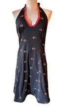 VTG Morbid Threads Dress Womens M Black W/ Cherries Halter Tie Bow Accent Y2K