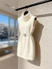 Women's White Knitted High Neck Vest Dress Winter Sleeveless Wool Warm Slim Vest