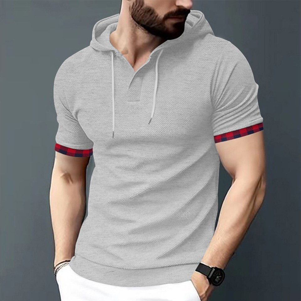 Casual Men's Solid Color V Neck Hooded T Shirt Slim Fit Tee for Summer