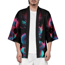 Men Baggy Casual Kimono 3/4 Sleeve Open Front Cardigan Dragon Pattern Yukata Top