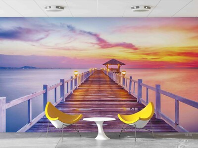 3D Sunset Sky Sea Wooden Bridge Self-adhesive Removable Wallpaper Murals Wall