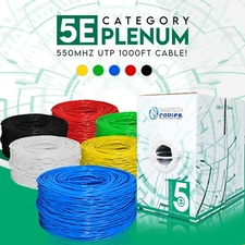 Cat5e 1000ft Plenum CMP Cable UTP Bulk Ethernet 350MHz 24AWG LAN Wire Blue White