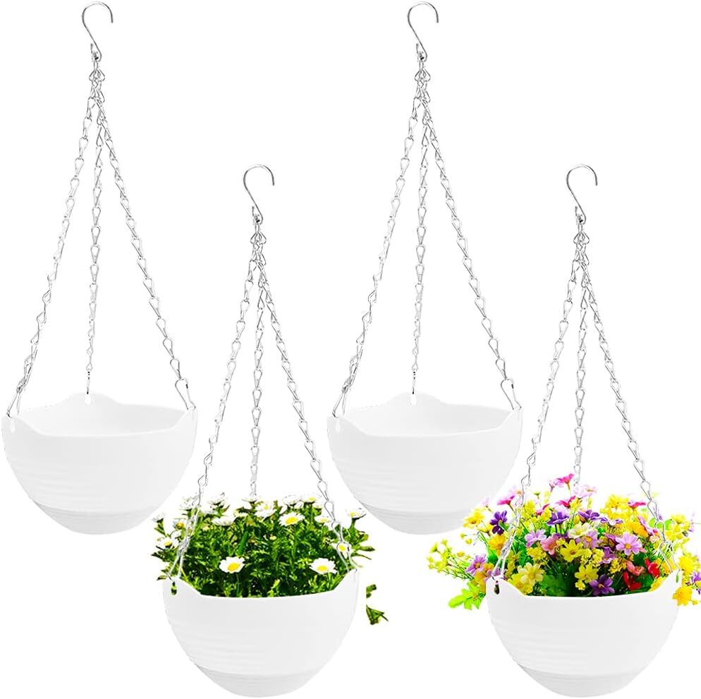 4 Pcs 8 Inch Hanging Planter Pots,Self-Watering round Hanging Basket with Water