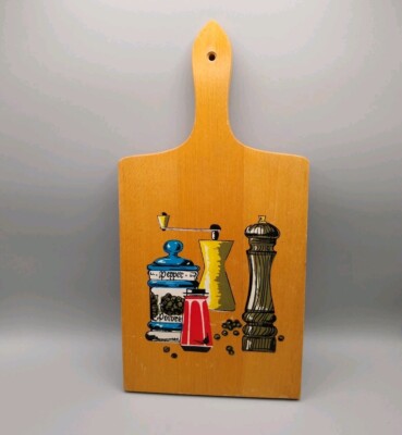 Vintage Nevco Wood Wooden Cutting Board MCM wall Decor salt pepper grinder